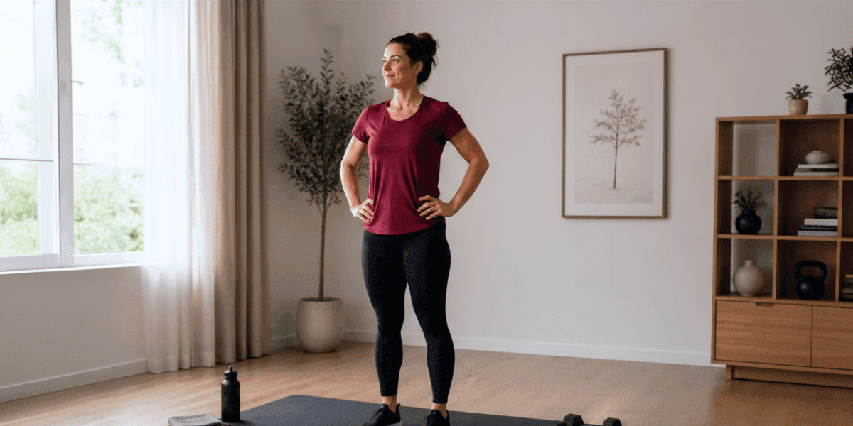 Woman in a confident mid-workout moment in her living room, exercising with no equipment