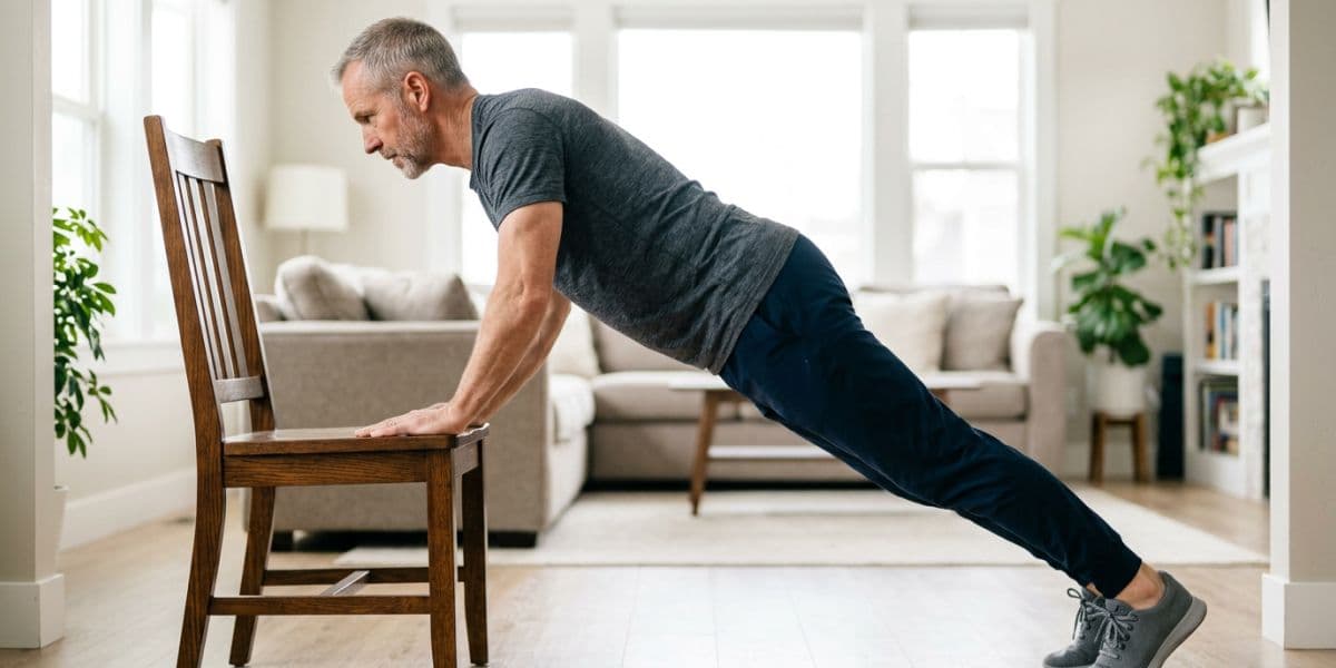 Adult holding a chair-assisted plank with hands on the seat of a sturdy chair, body in a straight line from head to heels