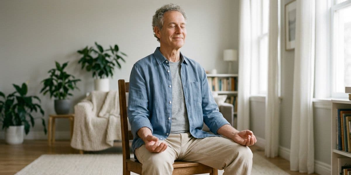 An adult sitting in a chair in a meditative yoga posture with hands gently pressed together at heart centre