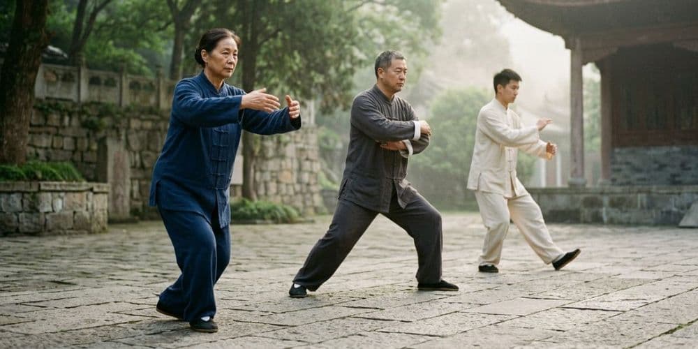 Several tai chi practitioners in slightly different postures together in a calm outdoor setting