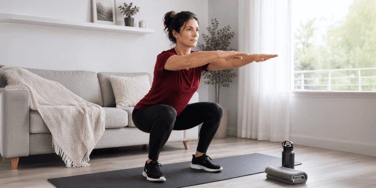 An adult performing a bodyweight squat at the bottom of the movement in a bright living room