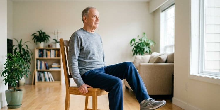 Adults performing a seated chair exercise in a sturdy armless kitchen-style chair at home
