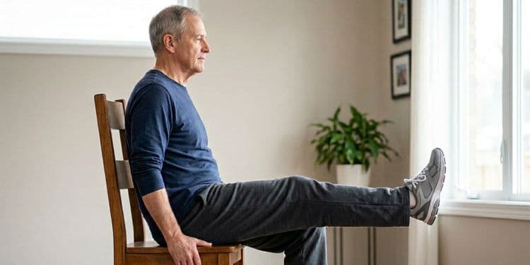 An adult performing a seated leg extension on a chair with one leg fully extended forward parallel to the floor