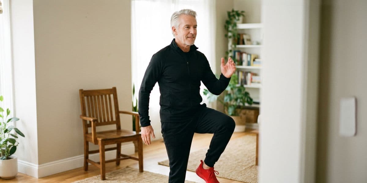 Older adult marching in place at home as part of a gentle warm-up