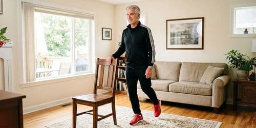 Active older adult exercising at home using a sturdy chair for support