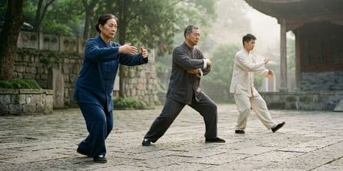 Several tai chi practitioners in slightly different postures together in a calm outdoor setting