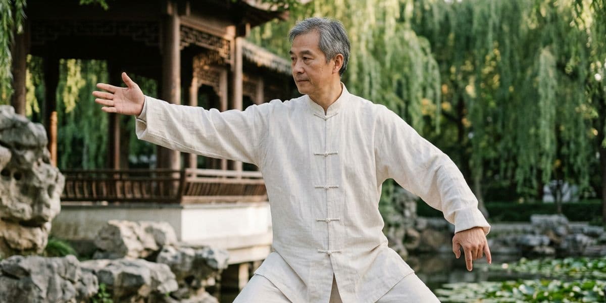 Tai chi practitioner performing a Yang-style posture outdoors in soft daylight