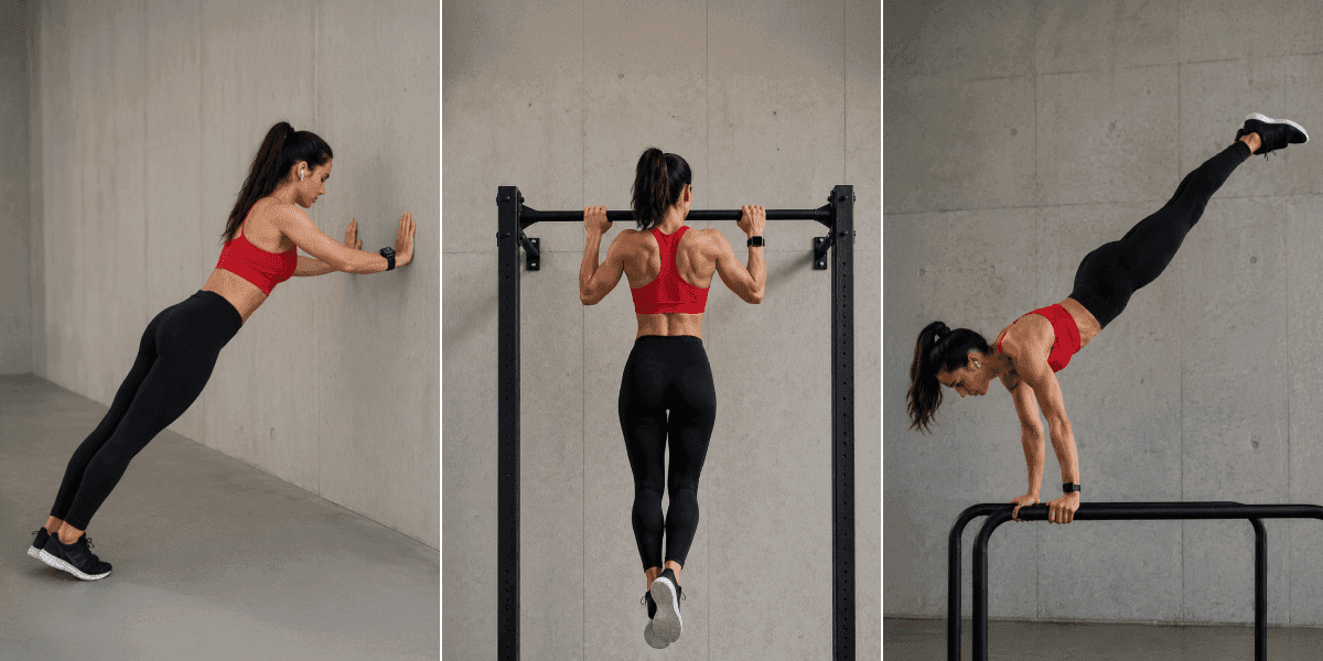 Three athletes at beginner, intermediate, and advanced calisthenics levels demonstrating routine progression