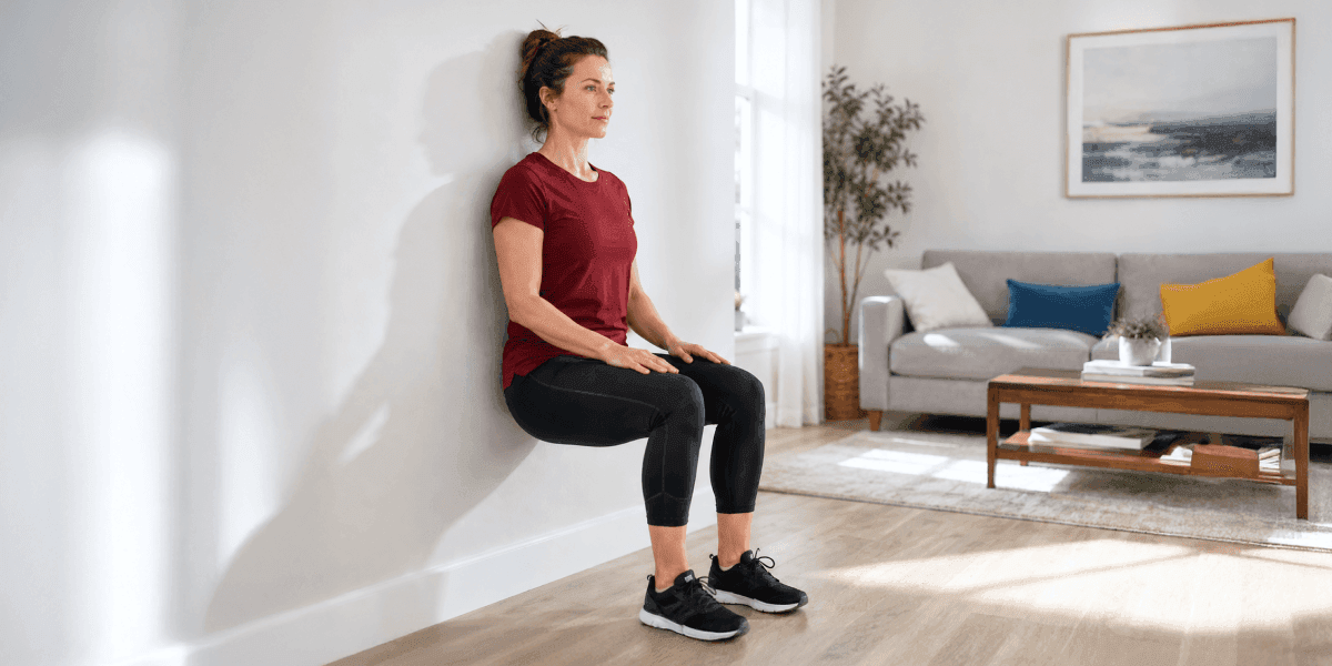 Adult holding a wall sit with back flat against a wall and knees bent at 90 degrees