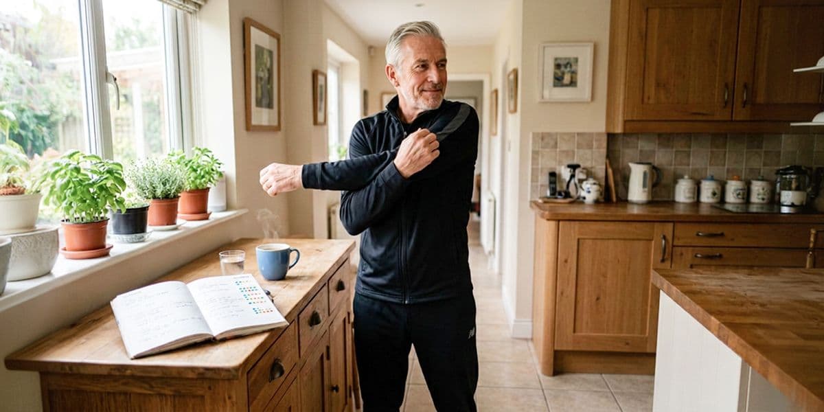 Older adult warming up at home next to a weekly planner with progress marks for the week.