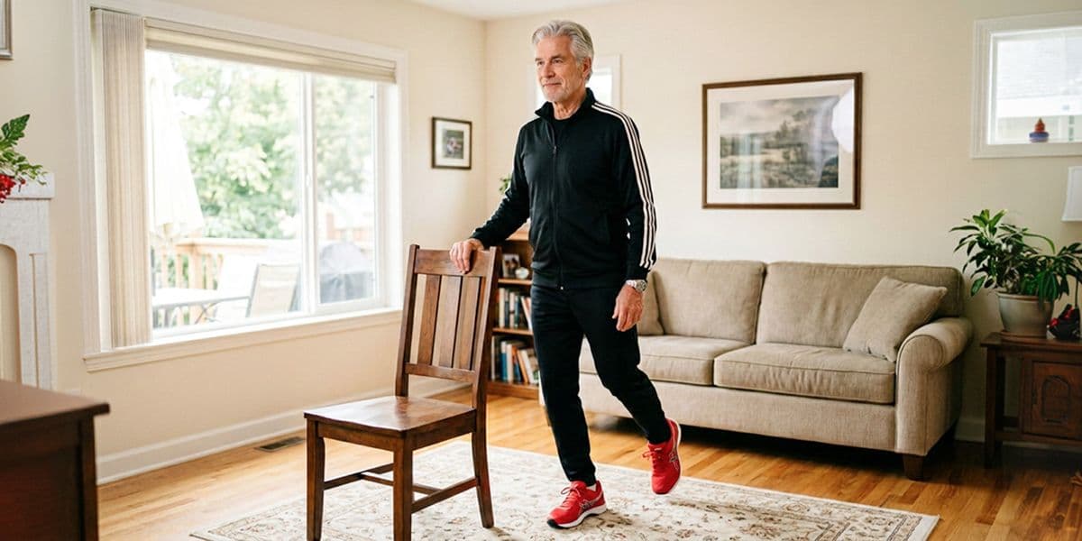 Active older adult exercising at home using a sturdy chair for support