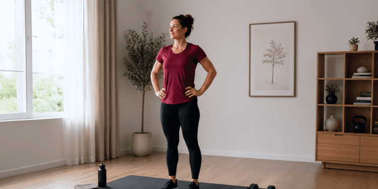 Woman in a confident mid-workout moment in her living room, exercising with no equipment