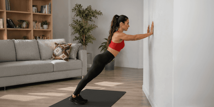 Beginner performing a wall push-up at home with no equipment in a small living room.