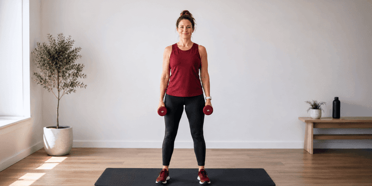 A woman standing confidently in a home setting holding a pair of light dumbbells before a workout