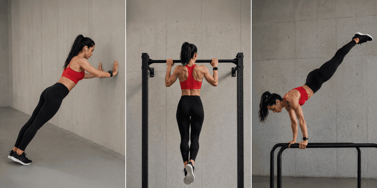 Three athletes at beginner, intermediate, and advanced calisthenics levels demonstrating routine progression