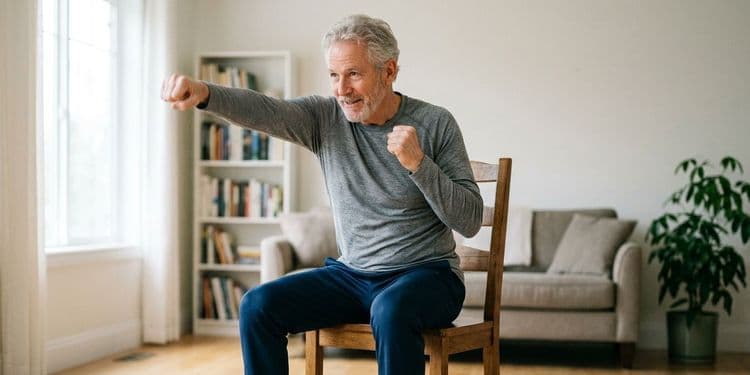 An adult performing a seated jab in a sturdy chair, one fist extended forward and the other drawn back