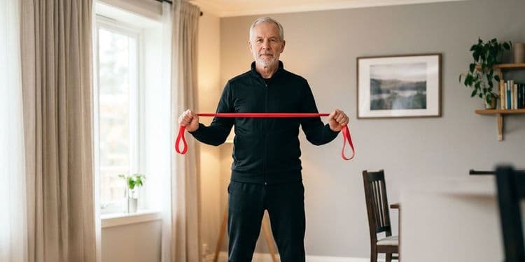 Older adult standing at home holding a resistance band stretched between both hands
