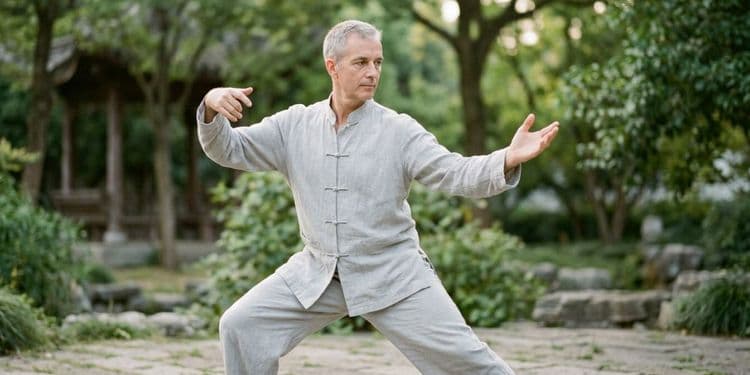 Tai chi practitioner mid-movement outdoors in a calm, light-filled setting
