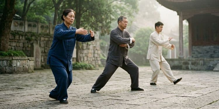 Several tai chi practitioners in slightly different postures together in a calm outdoor setting