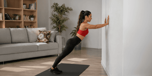 Beginner performing a wall push-up at home with no equipment in a small living room.