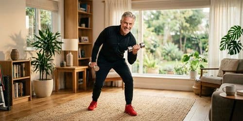 Older adult standing at home holding a pair of light dumbbells in a relaxed ready position