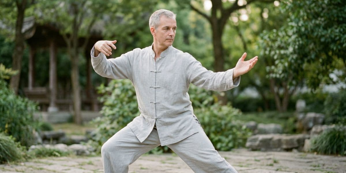 Tai chi practitioner mid-movement outdoors in a calm, light-filled setting