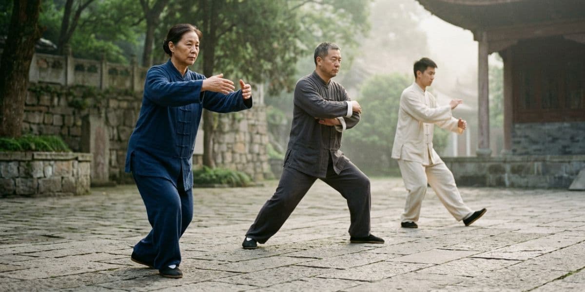 Several tai chi practitioners in slightly different postures together in a calm outdoor setting